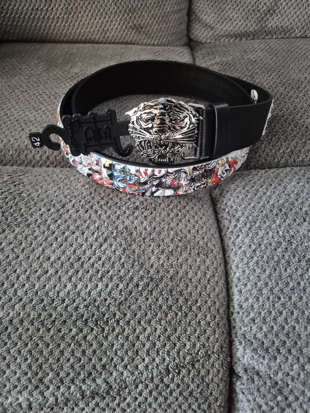 Ed Hardy Men's Size 42 Black Dress Belt Graphic Print Tiger Tattoo Buckle